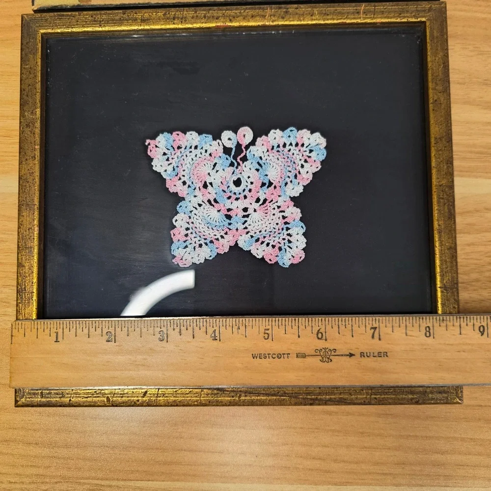 Vintage Handmade Framed Crocheted Butterfly Art‎ Blue Pink White Qty 2 1976